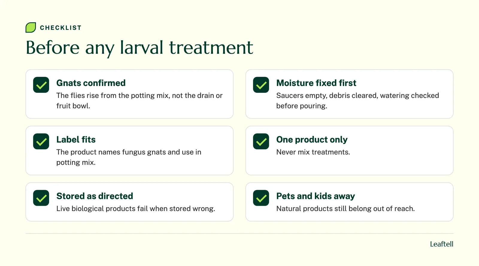 Checklist: Before any larval treatment. Shows Gnats confirmed, Moisture fixed first, Label fits, One product only, Stored as directed, Pets and kids away.