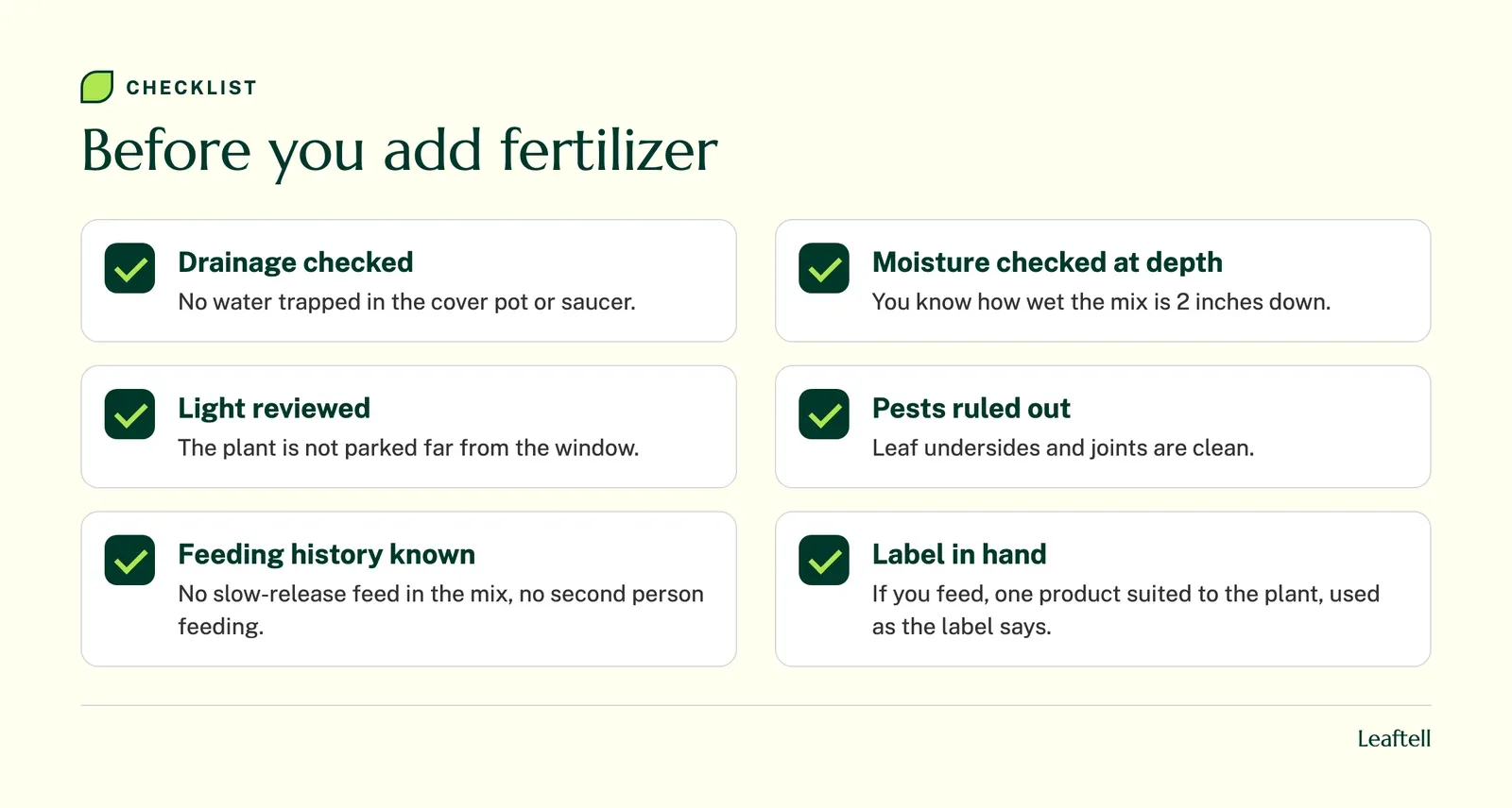 Checklist: Before you add fertilizer. Shows Drainage checked, Moisture checked at depth, Light reviewed, Pests ruled out, Feeding history known, Label in hand.