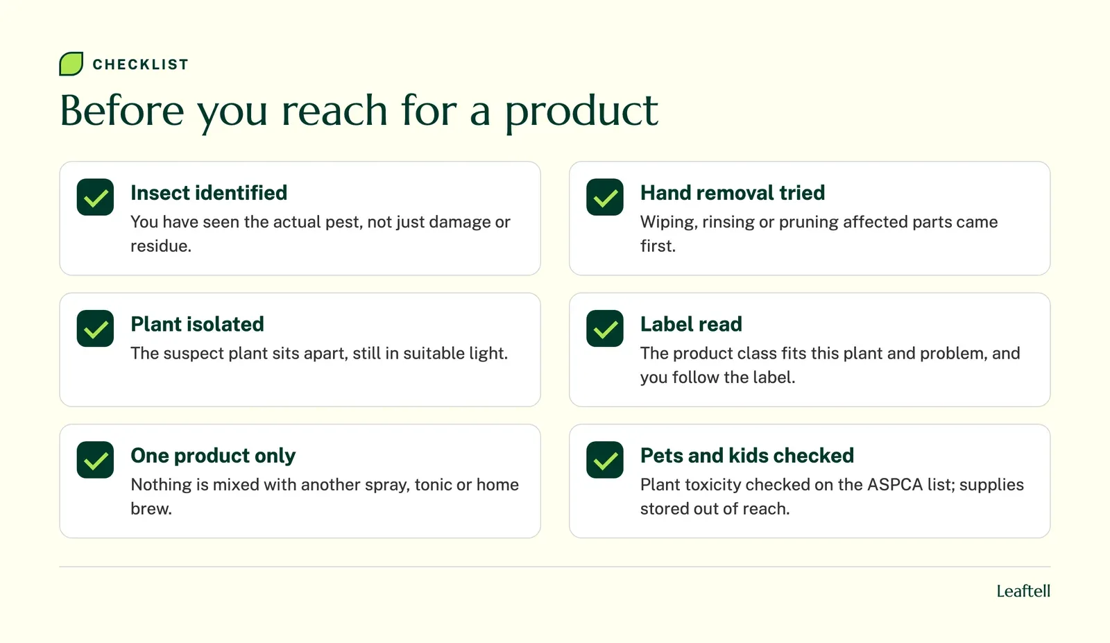 Checklist: Before you reach for a product. Shows Insect identified, Hand removal tried, Plant isolated, Label read, One product only, Pets and kids checked.