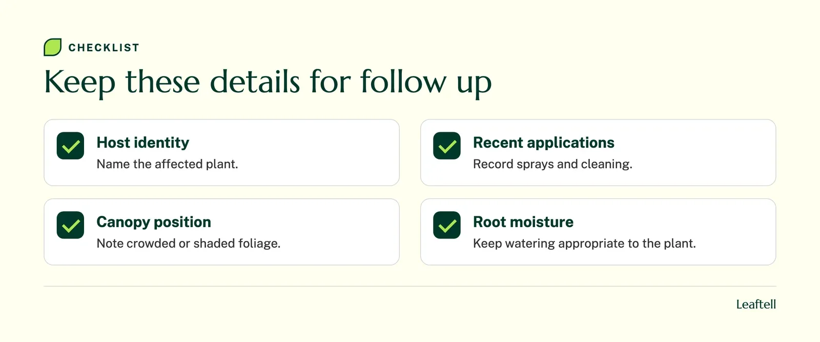 Checklist of observations to record before seeking plant advice