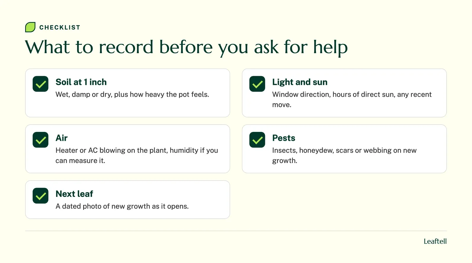 Checklist of observations to record for a plant with curling leaves