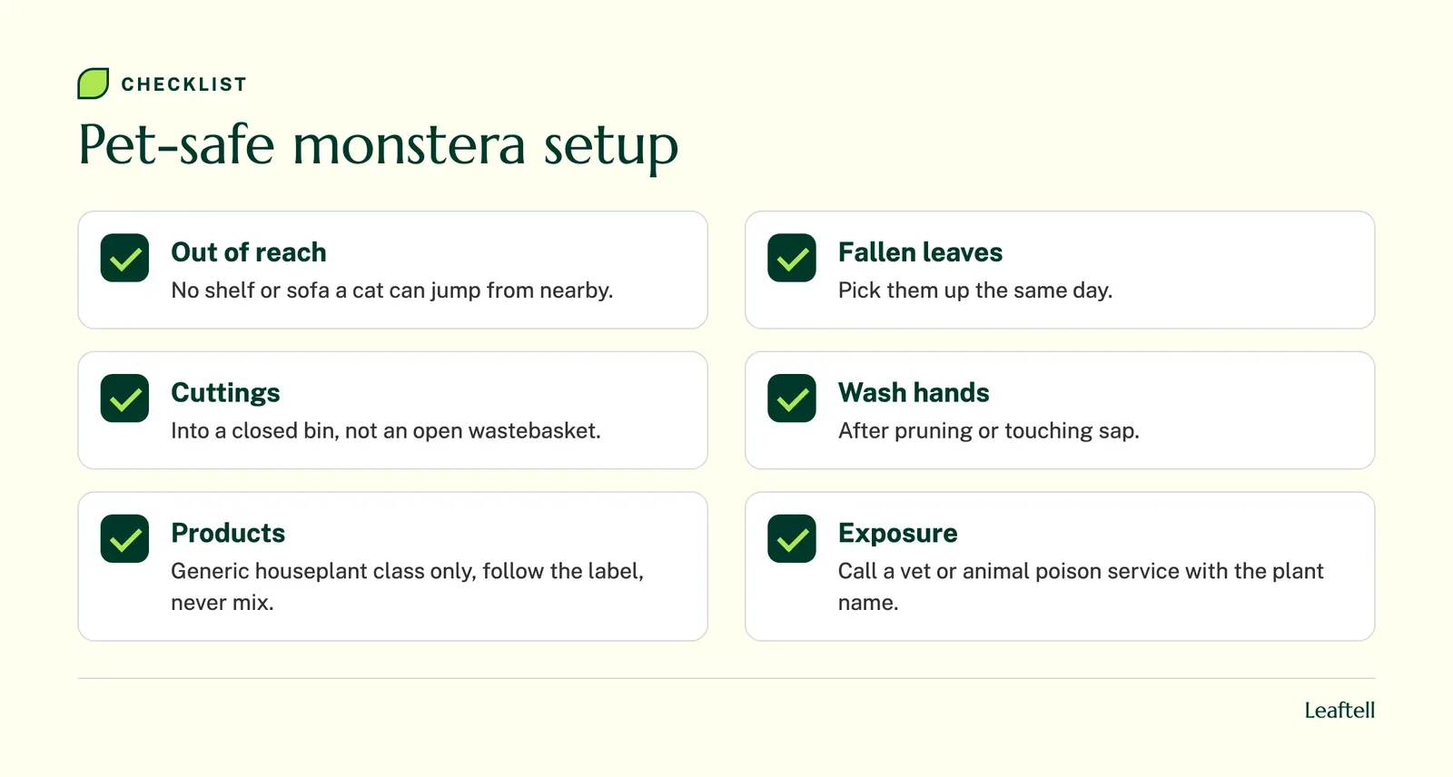 Checklist: Pet-safe monstera setup. Shows Out of reach, Fallen leaves, Cuttings, Wash hands, Products, Exposure.