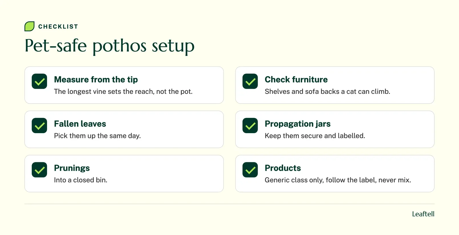 Checklist: Pet-safe pothos setup. Shows Measure from the tip, Check furniture, Fallen leaves, Propagation jars, Prunings, Products.