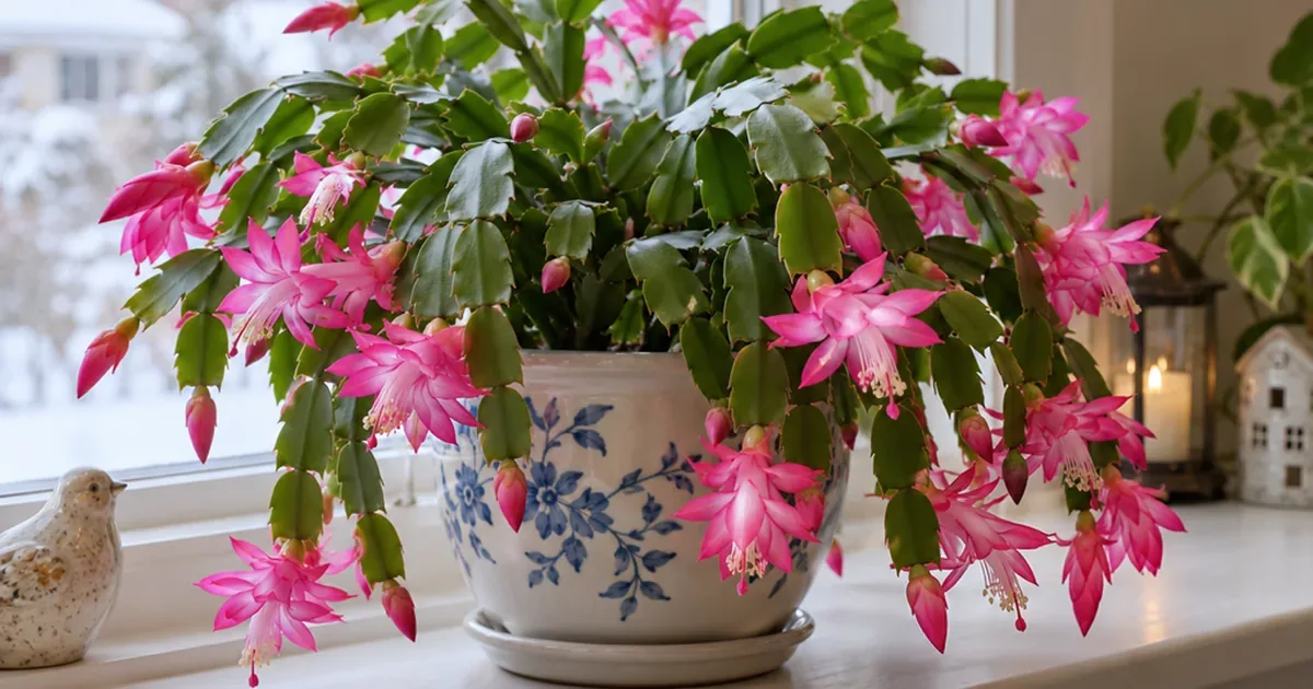 Christmas cactus in full pink bloom on a windowsill in soft winter daylight