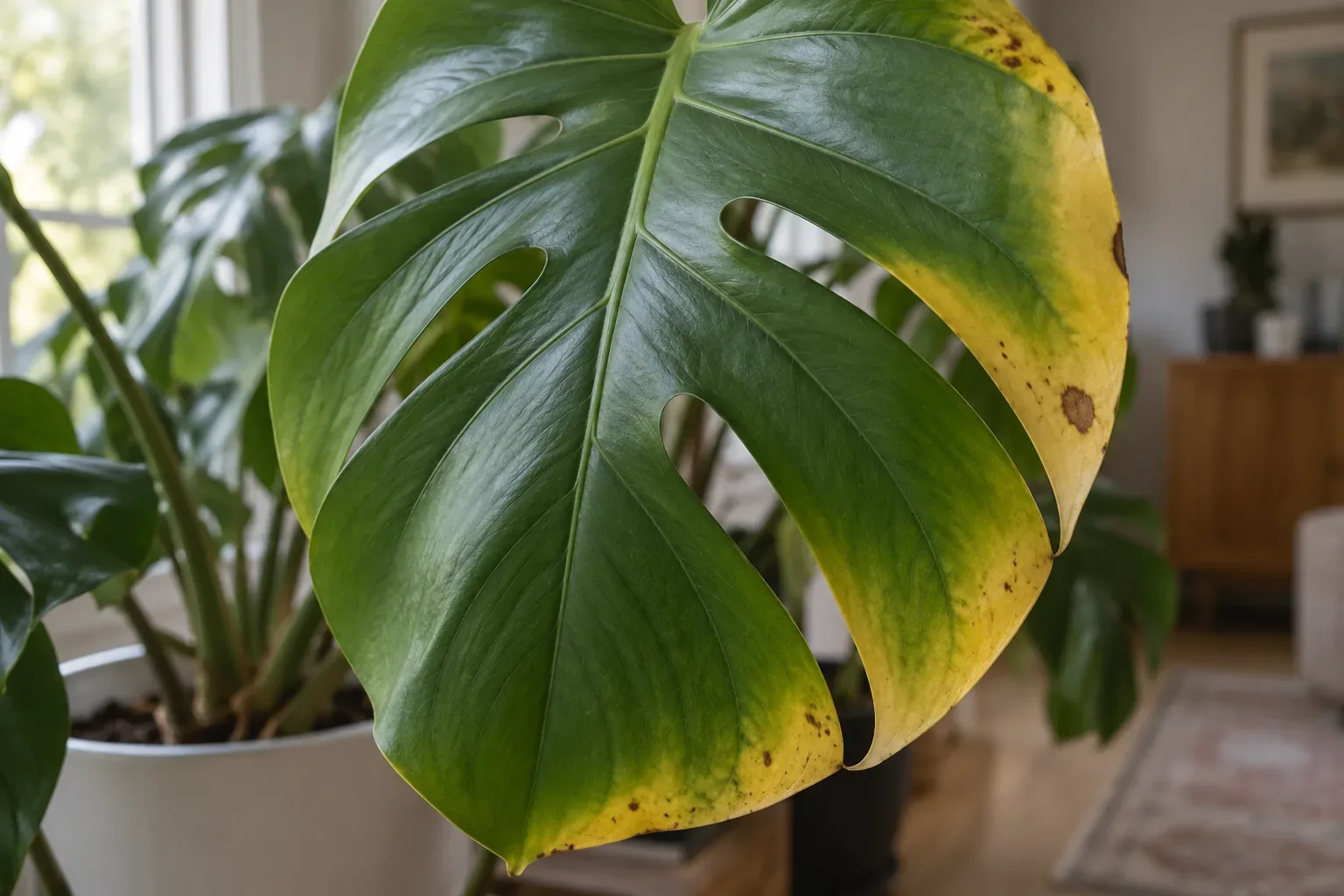 Close-up of a monstera leaf with a yellow band along its edge, a green center and small brown spots within the yellow margin