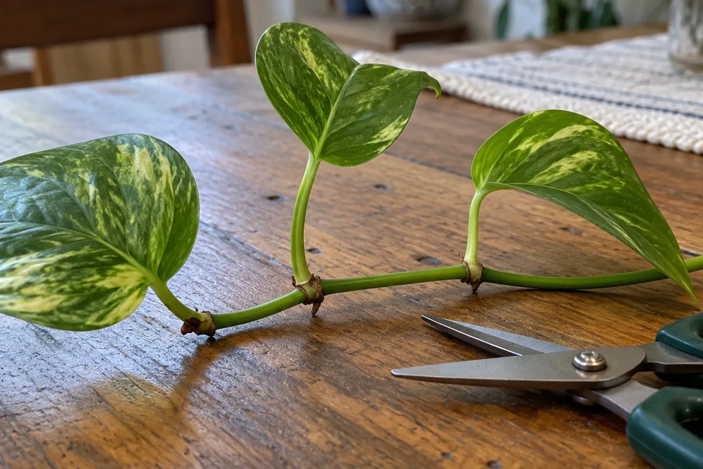 Close-up of a pothos vine showing nodes with small brown root bumps and a bare stretch of stem