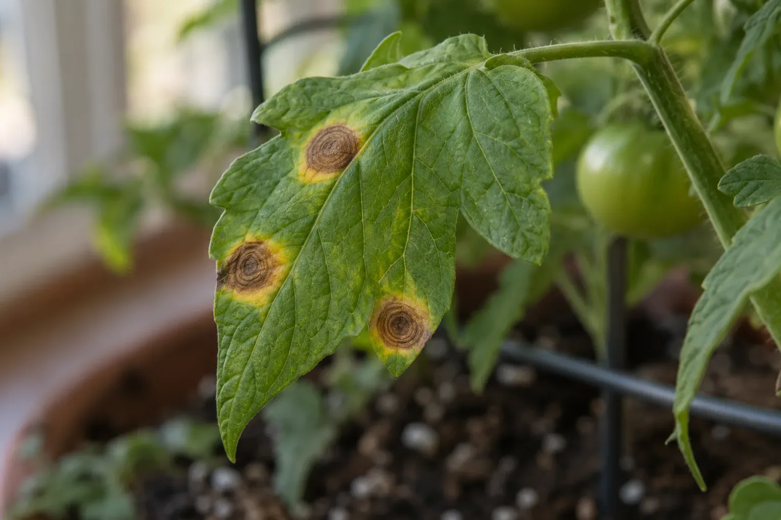 Close-up of a tomato leaflet with brown spots showing concentric target rings and yellow halos, attached near the soil