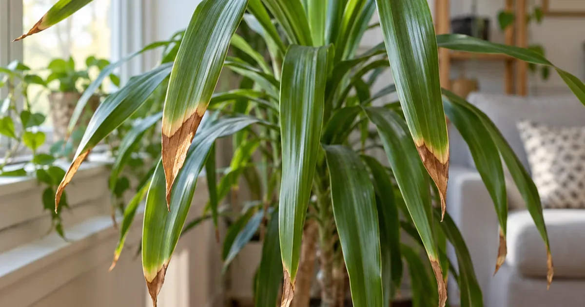 Close-up of long green dracaena leaves by a window with dry crisp brown tips