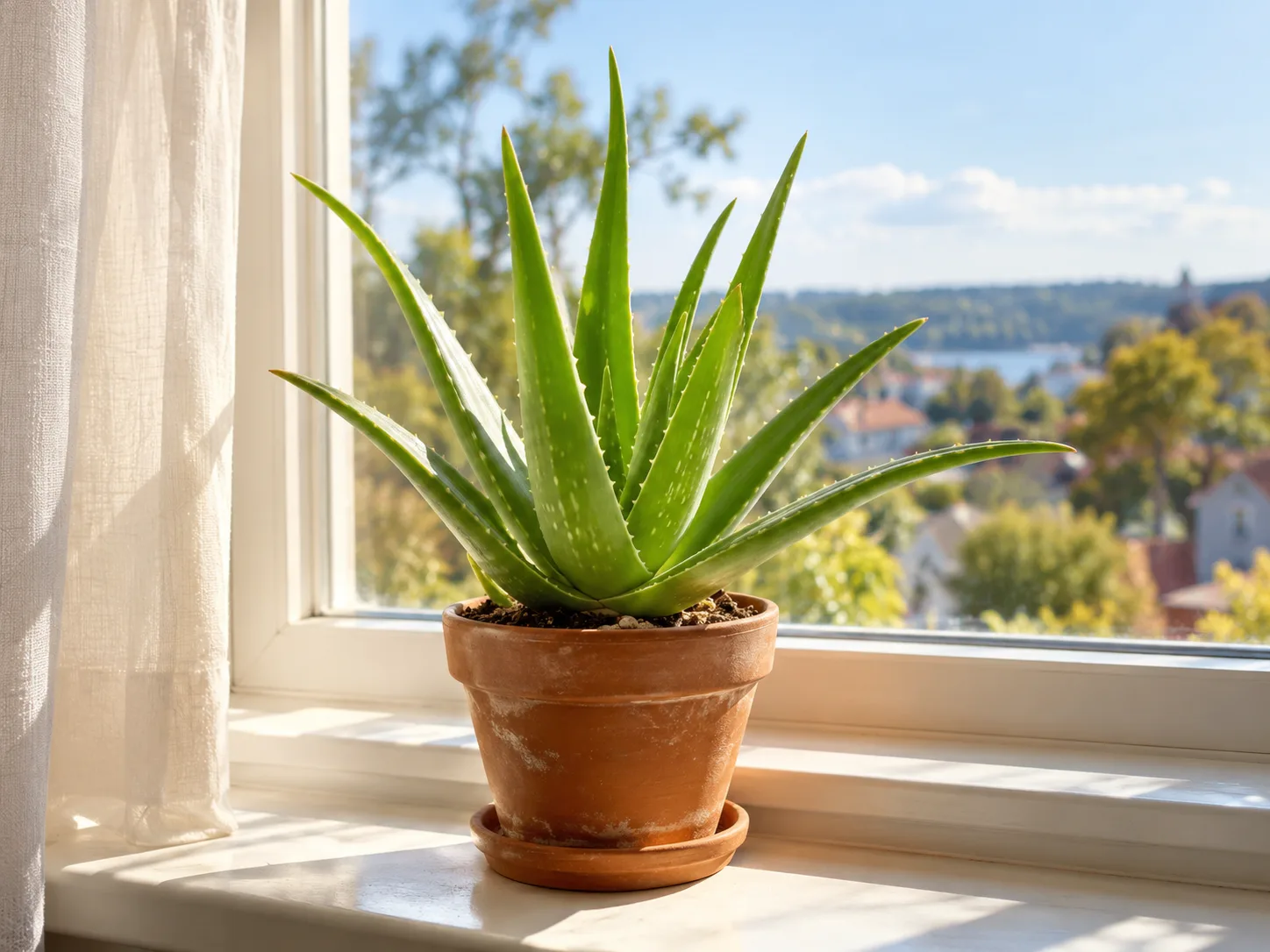 Compact aloe vera with firm upright leaves in a clay pot on a bright windowsill