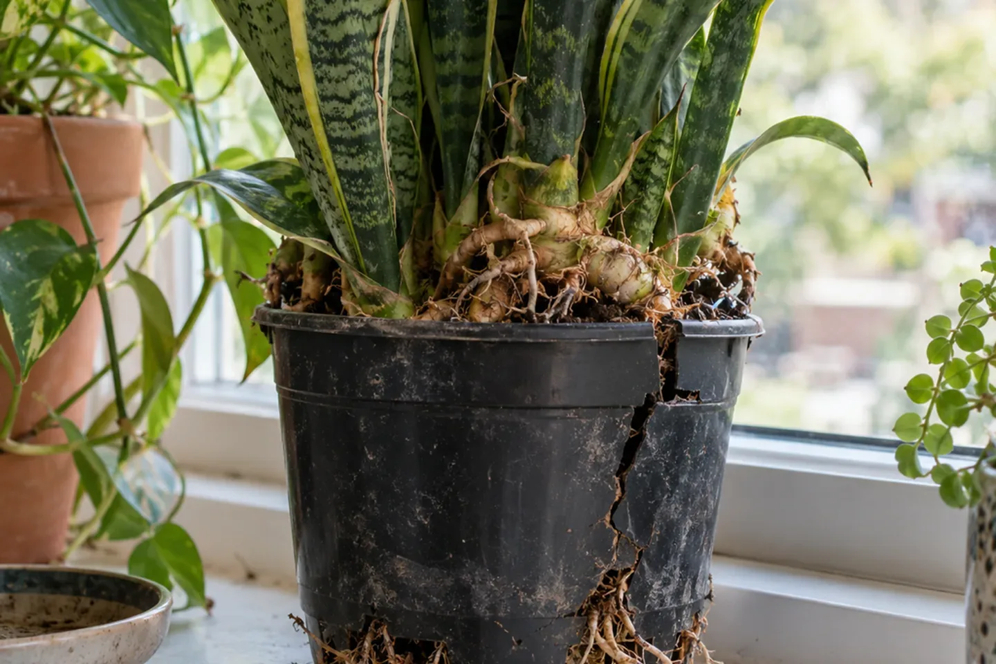 Crowded snake plant in a bulging, cracked plastic pot with rhizomes pushing up through the soil