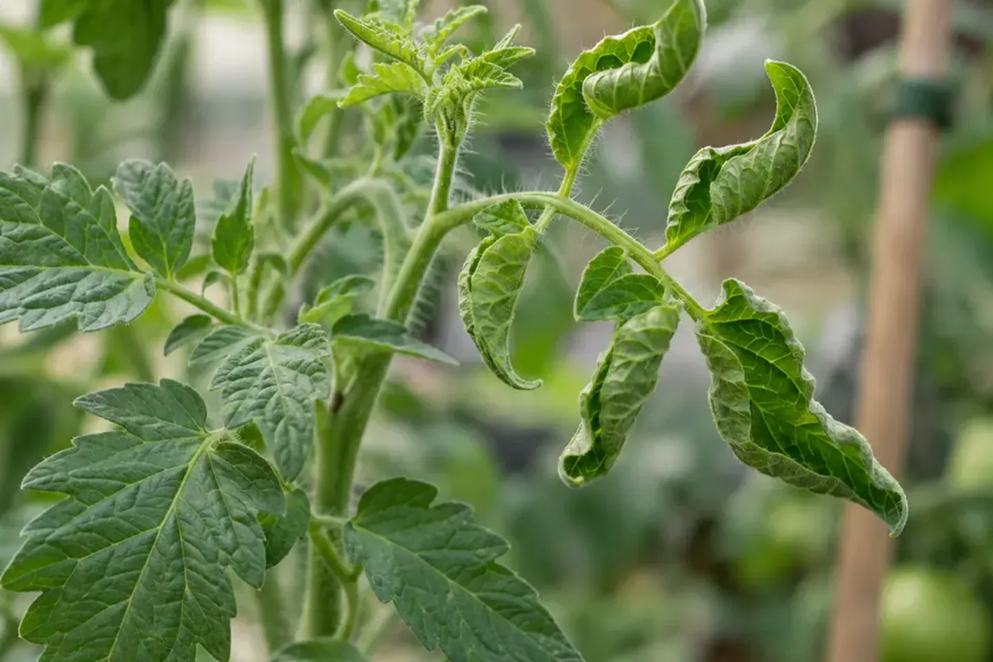 Curled tomato leaflets beside developing growth in a backyard garden