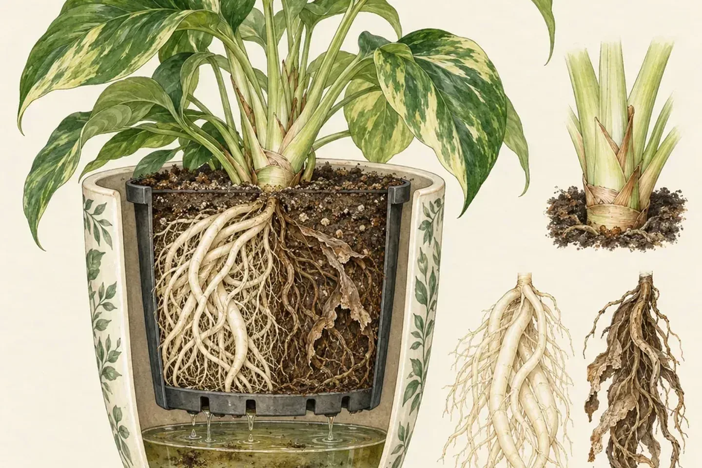 Cutaway drawing of a potted plant with firm pale roots on one side, soft brown roots on the other and water pooled in the cover pot