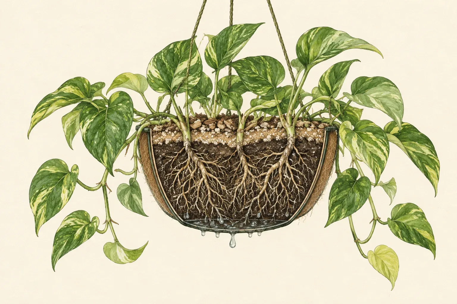 Cutaway of a hanging pothos basket with a dry top layer above a dark, wet, root-packed center