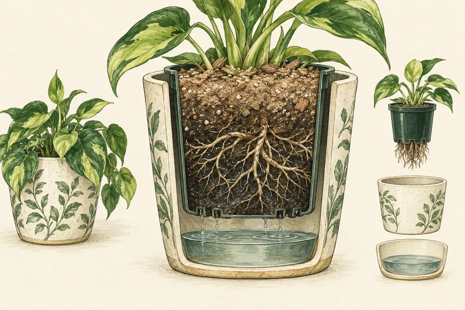 Cutaway of a nursery pot inside a cover pot, dry mix on top, wet roots below and standing water hidden in the cover pot