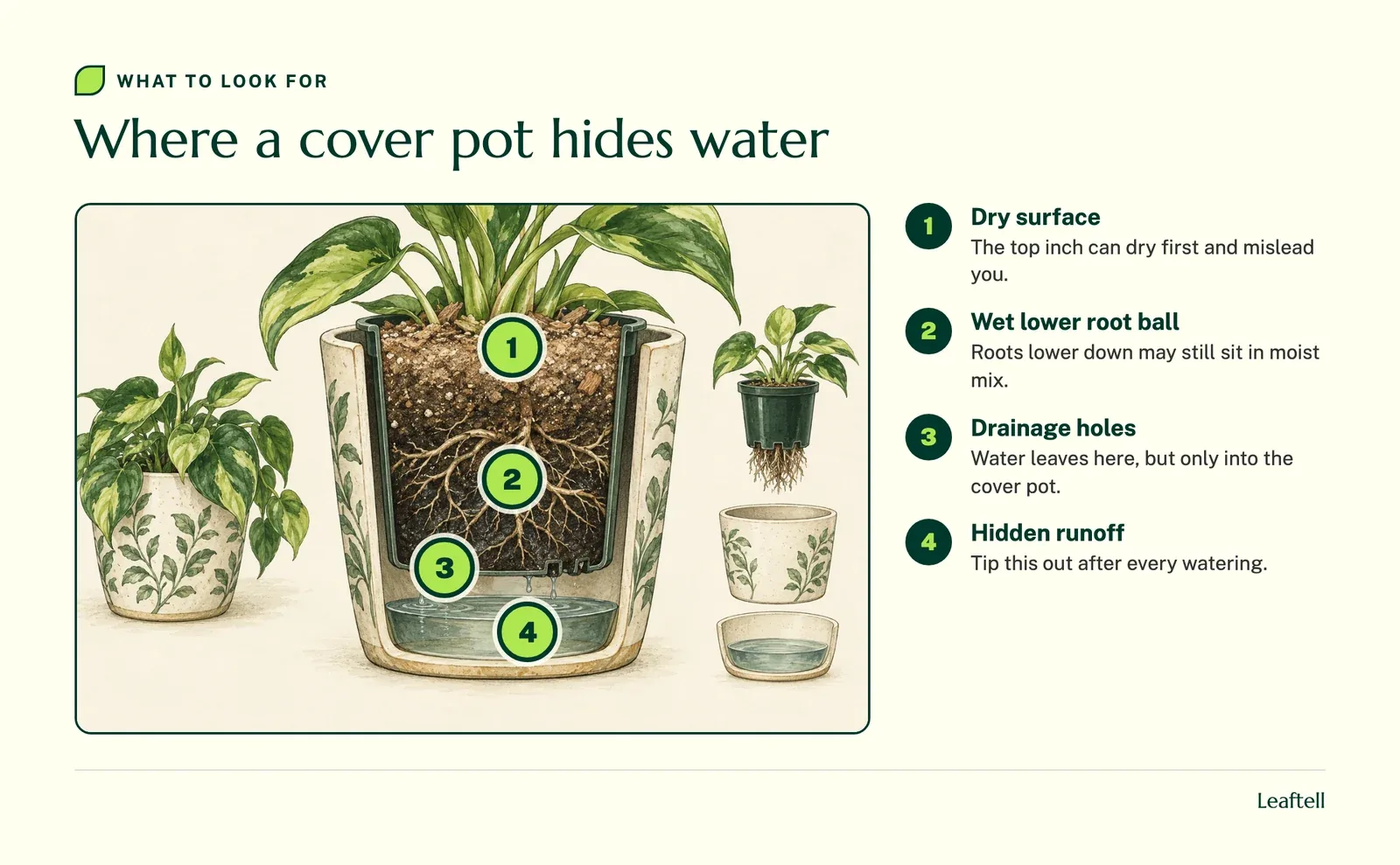 Cutaway of a nursery pot inside a cover pot with numbered markers on the dry surface, wet roots, drainage holes and hidden runoff