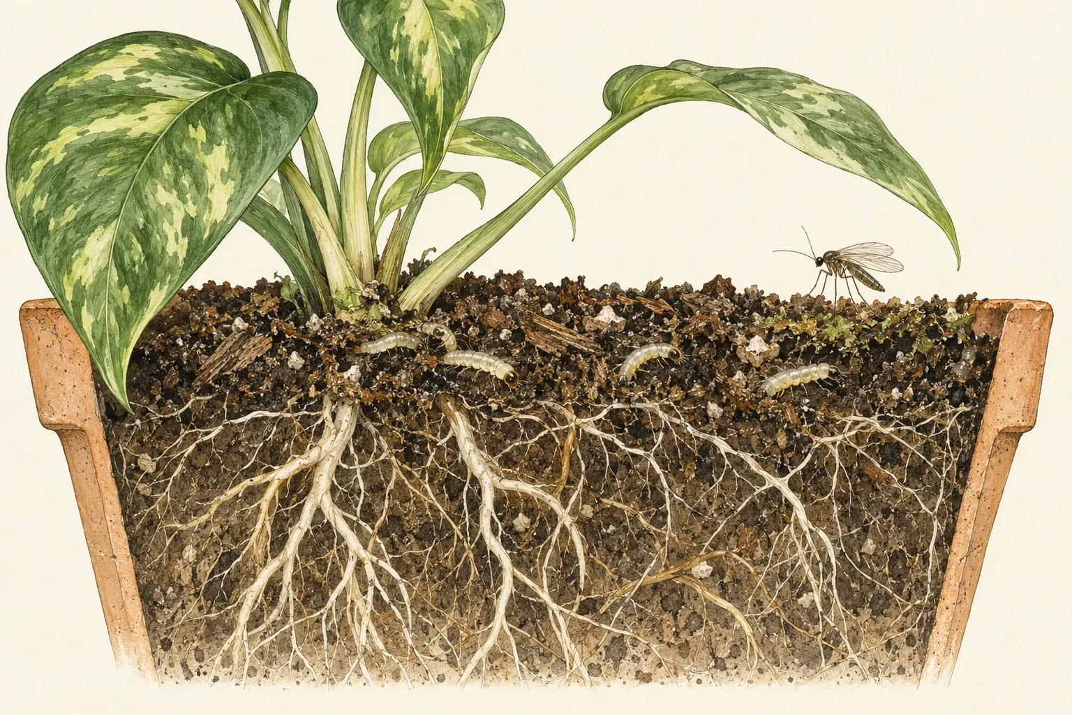 Cutaway of a pot with tiny translucent larvae in the damp top layer of mix and white roots below