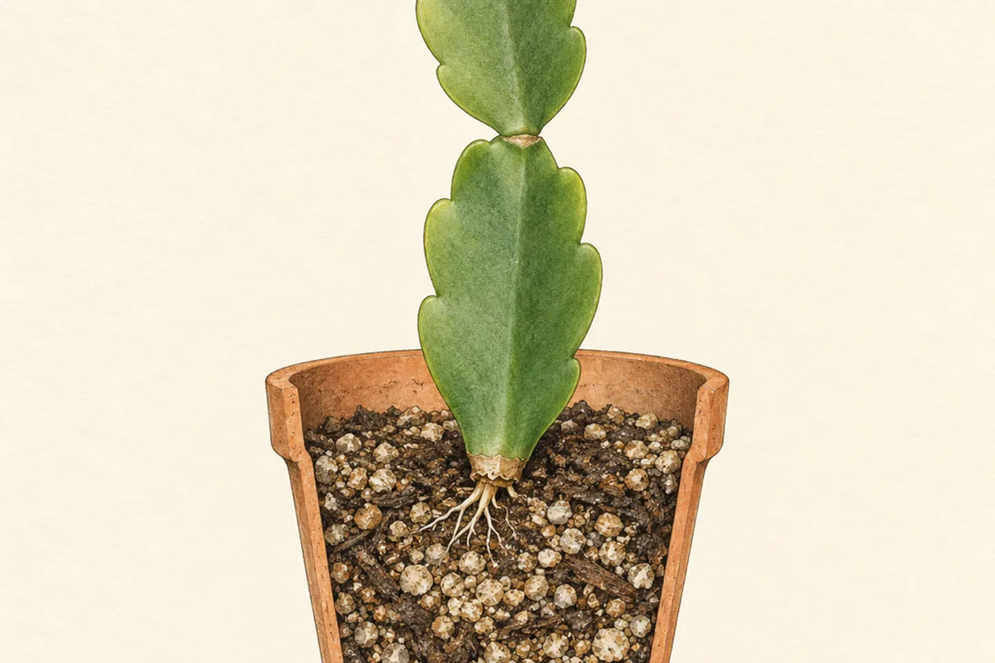 Cutaway of a small pot with a two-segment Christmas cactus cutting set shallowly in gritty mix, its dried cut end sprouting fine roots