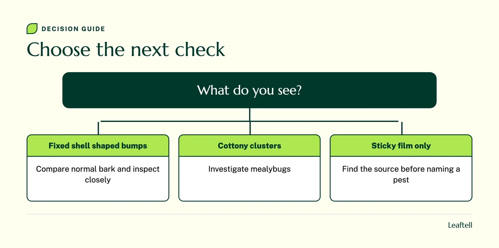 Decision chart matching visible clues to the next inspection