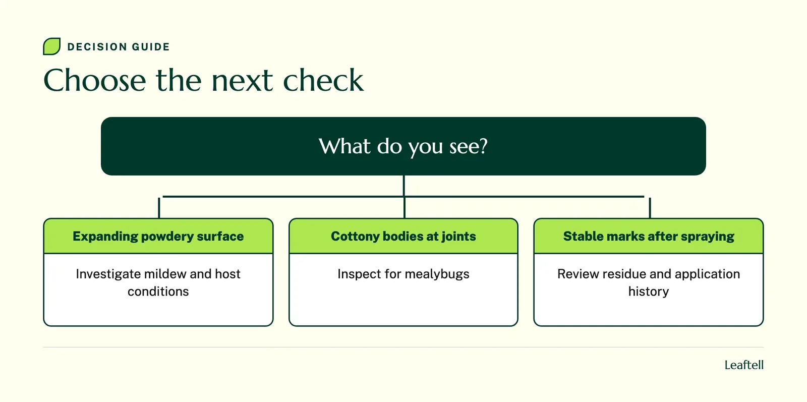 Decision chart matching visible clues to the next inspection
