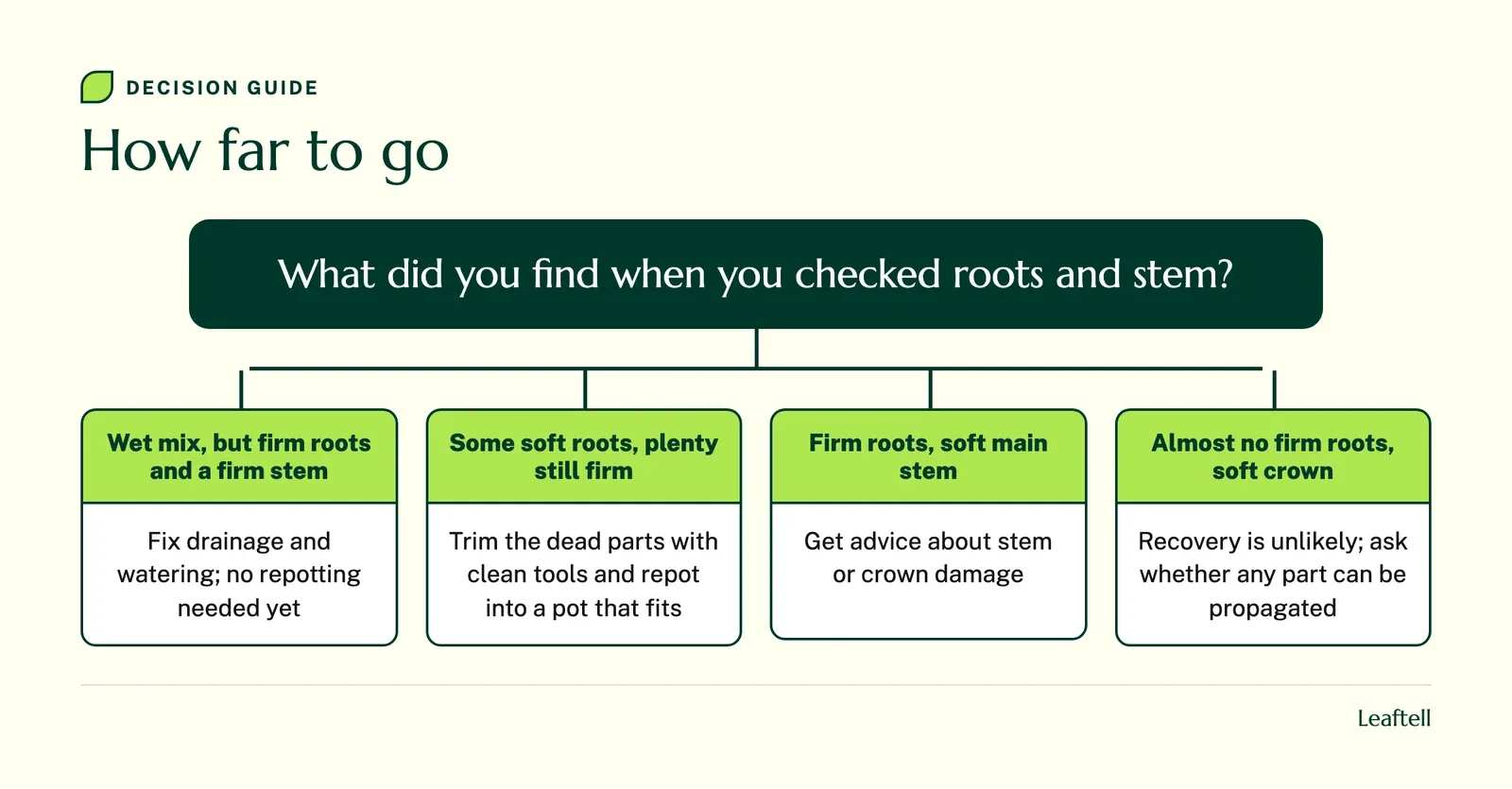 Decision guide: How far to go. Shows What did you find when you checked roots and stem?.