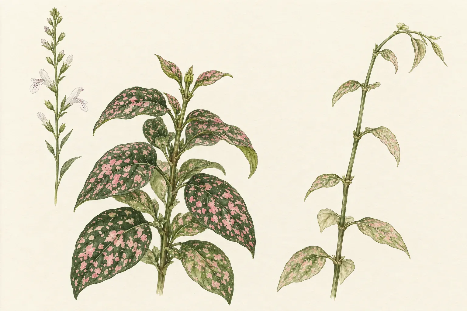 Drawing of a compact polka dot plant stem, a stretched stem with long gaps and small pale leaves, and a separate flower spike