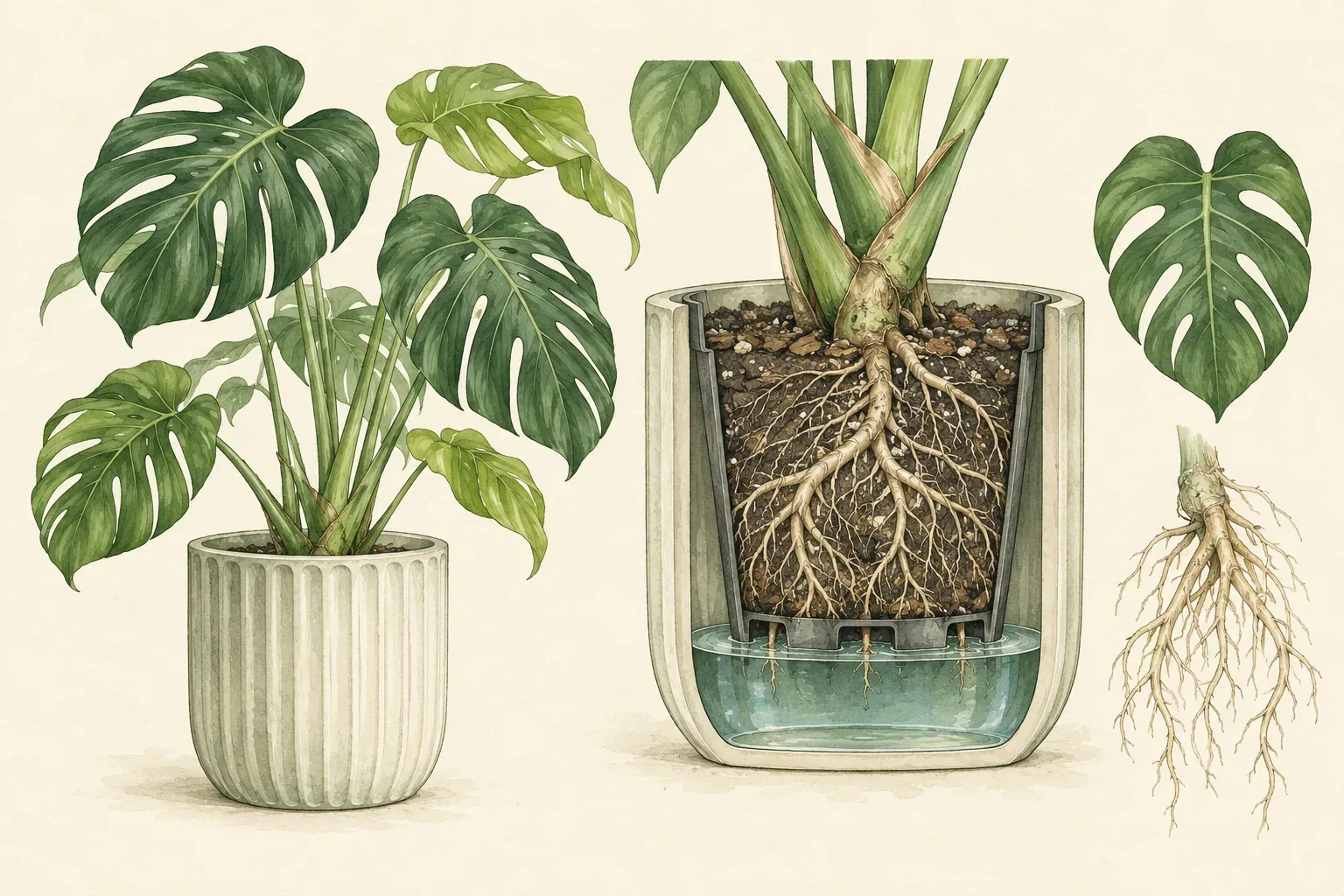 Drawing of a monstera, a cutaway of its nursery pot inside a cover pot with runoff pooled around the roots, a leaf and a root ball