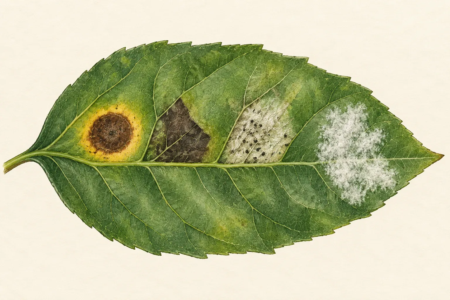 Drawing of one leaf with four marks: a ringed brown spot, an angular dark spot, a silvery speckled patch and a white powdery patch