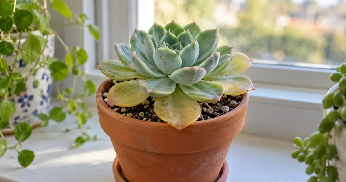 Echeveria in a terracotta pot on a windowsill with soft yellow translucent lower leaves and a firm blue green center