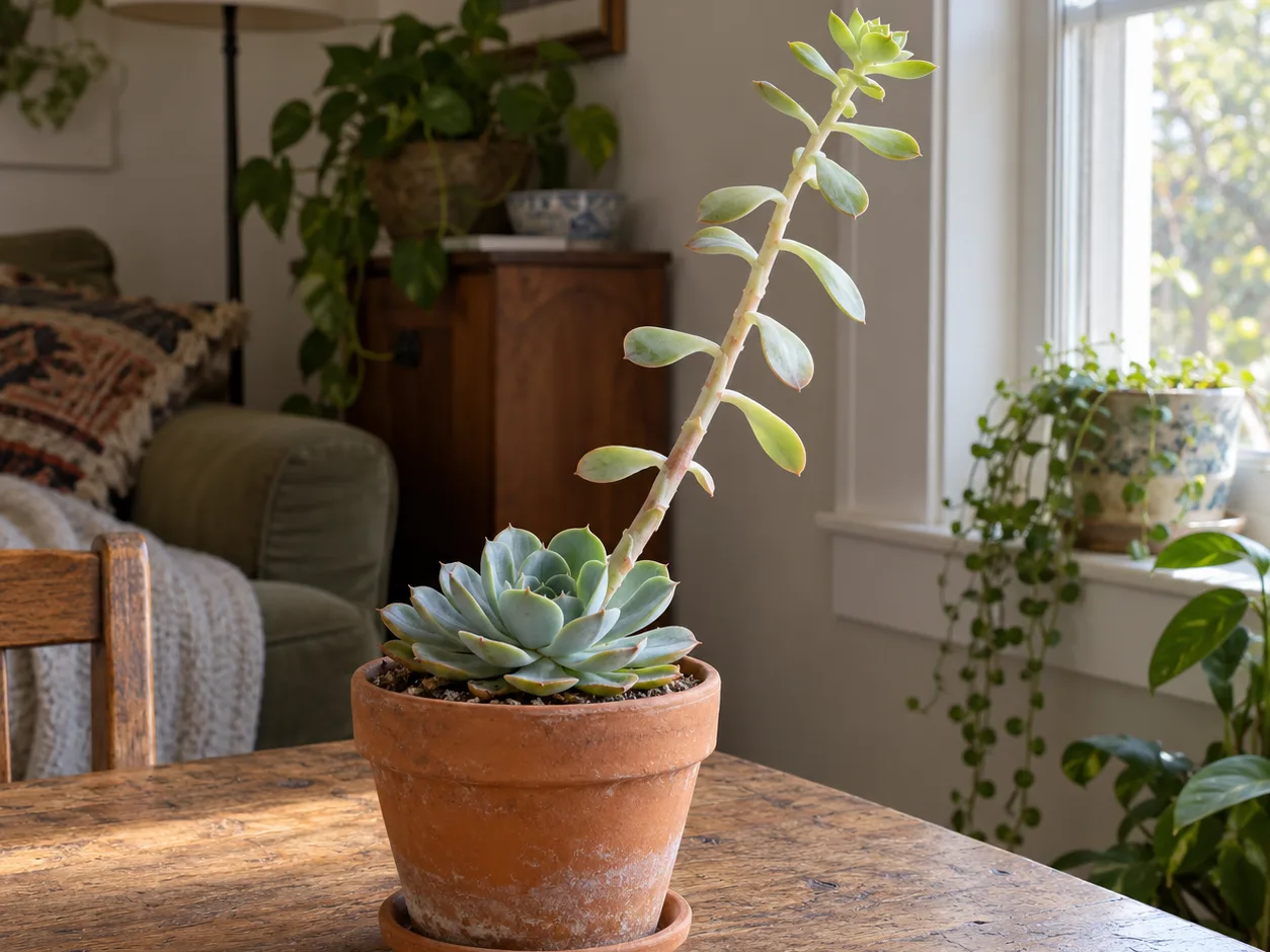 Echeveria rosette with one tall pale stem stretching up toward a bright window