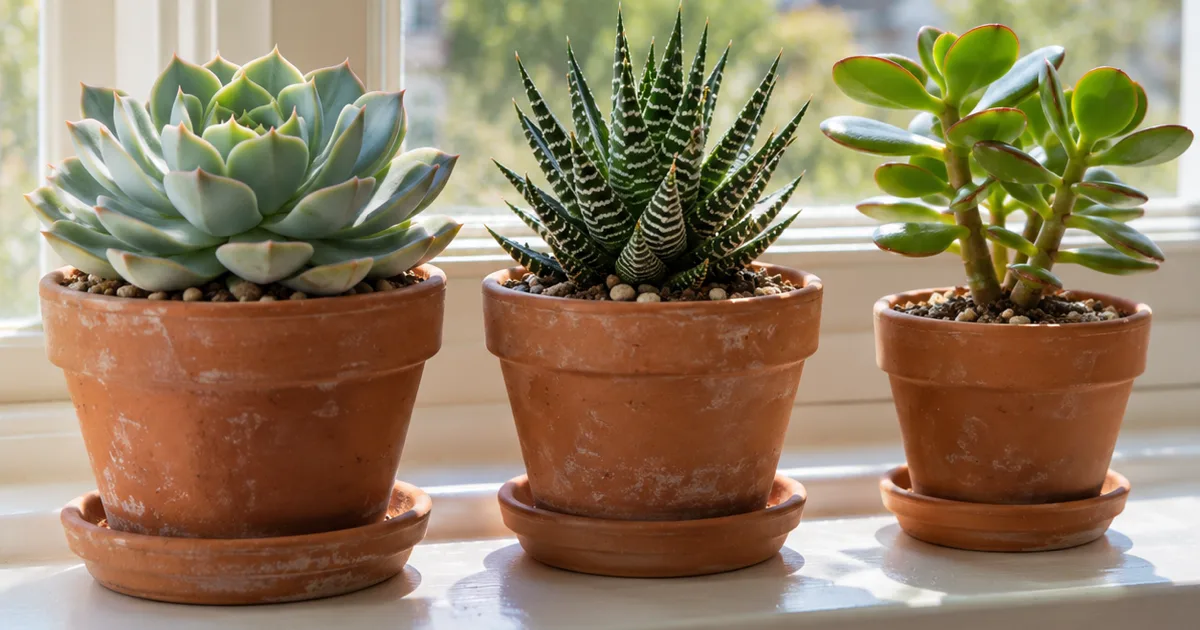 Echeveria, zebra haworthia and jade plant in terracotta pots on a sunny windowsill