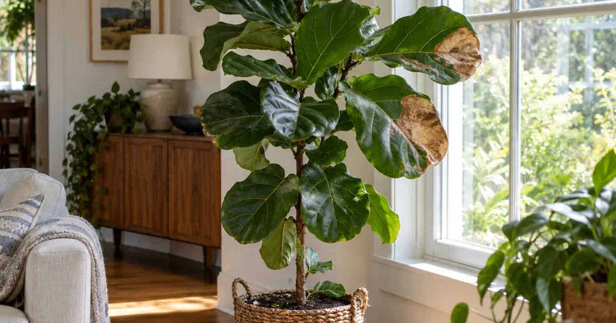 Fiddle leaf fig beside a sunny window with dry tan brown patches on two leaves facing the glass