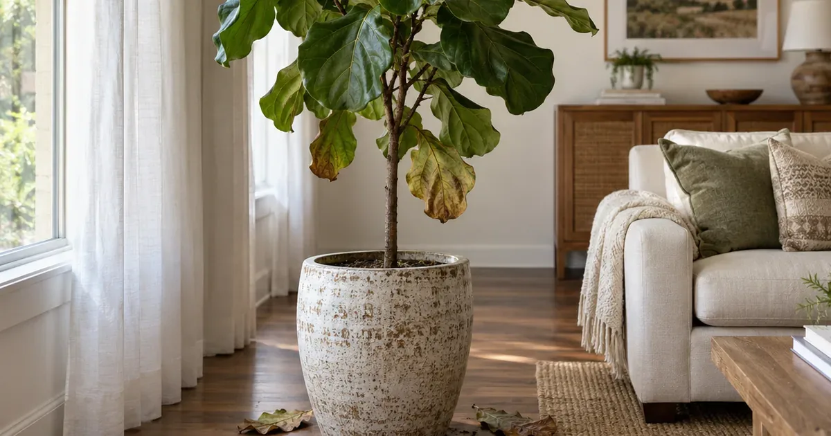 Fiddle leaf fig in a living room with several large fallen leaves on the floor around its planter and a green upper canopy
