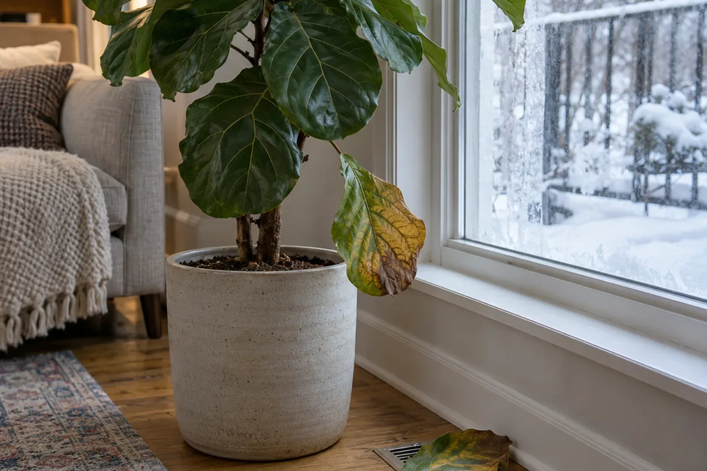 Fiddle leaf fig near a winter window with a floor vent beside the planter, a drooping lower leaf and a fallen leaf on the grille
