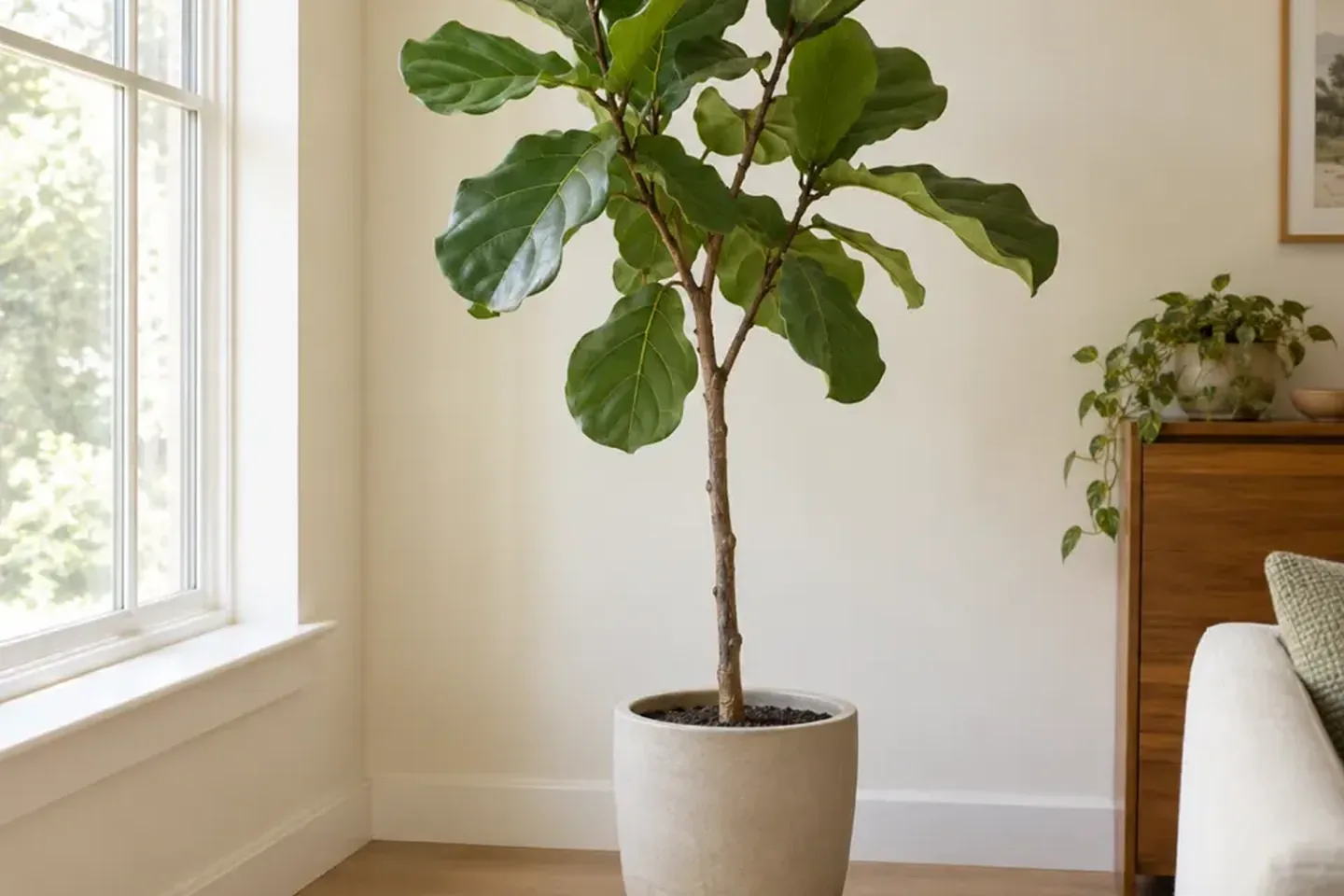 Fiddle leaf fig with a sparse lower trunk and fallen foliage beside the pot