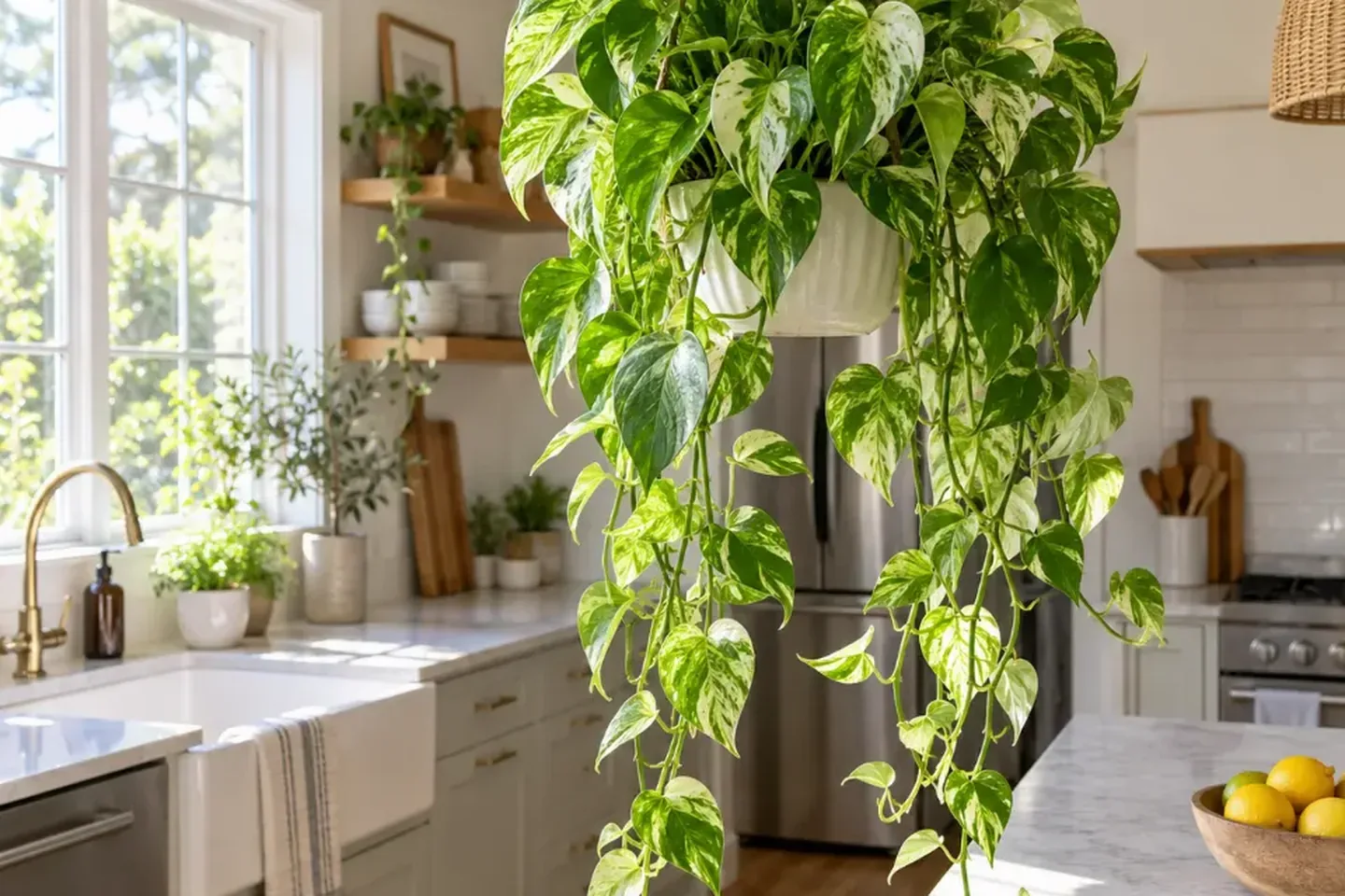Full hanging pothos with trailing variegated vines