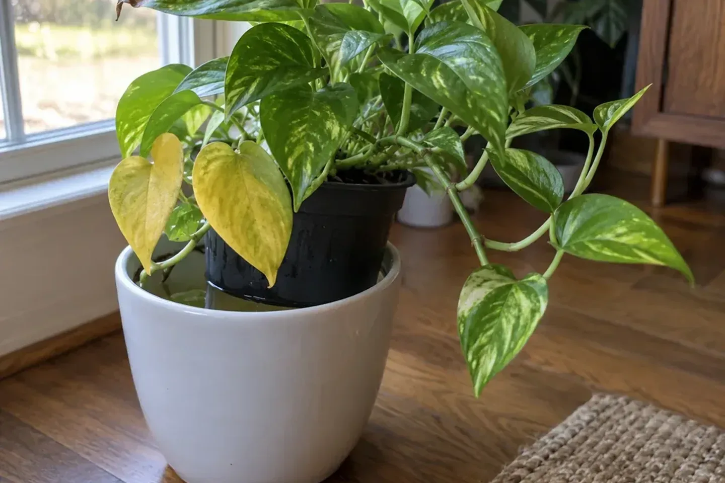Golden pothos lifted half out of a ceramic cover pot with standing water inside, two yellow lower leaves and one brown leaf tip