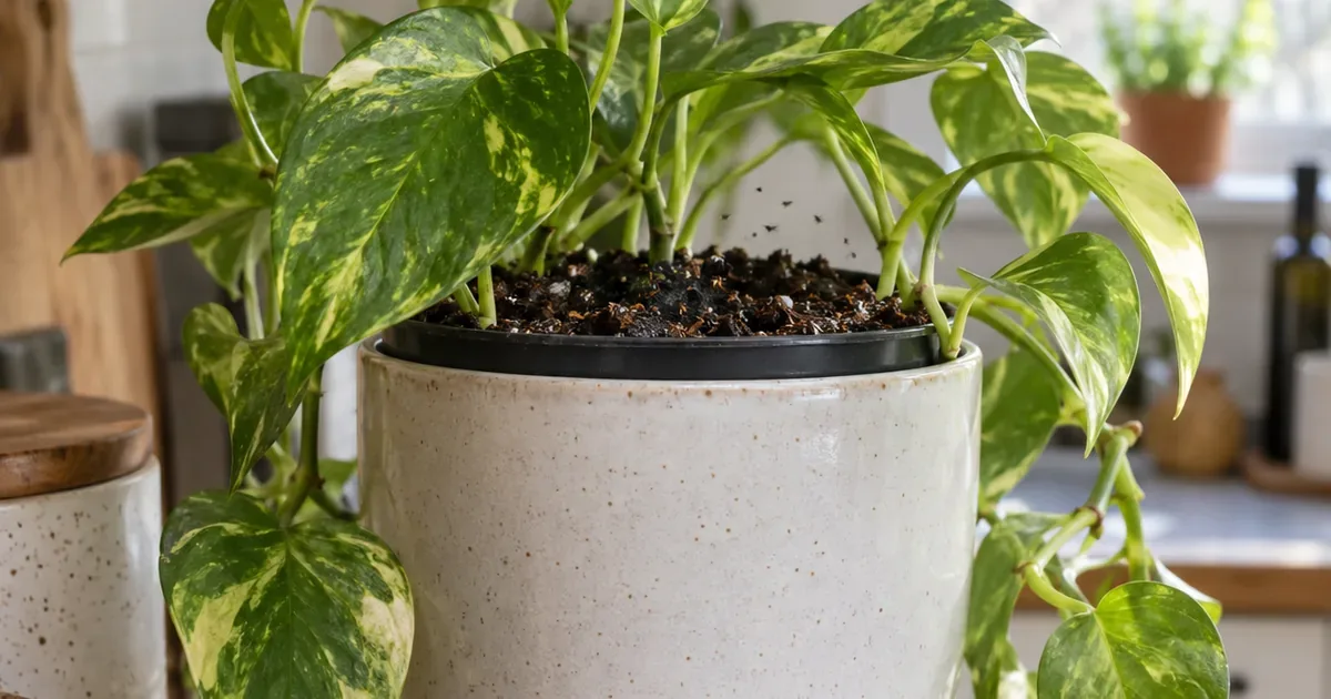 Golden pothos on a shelf with a few small dark gnats hovering above damp potting mix