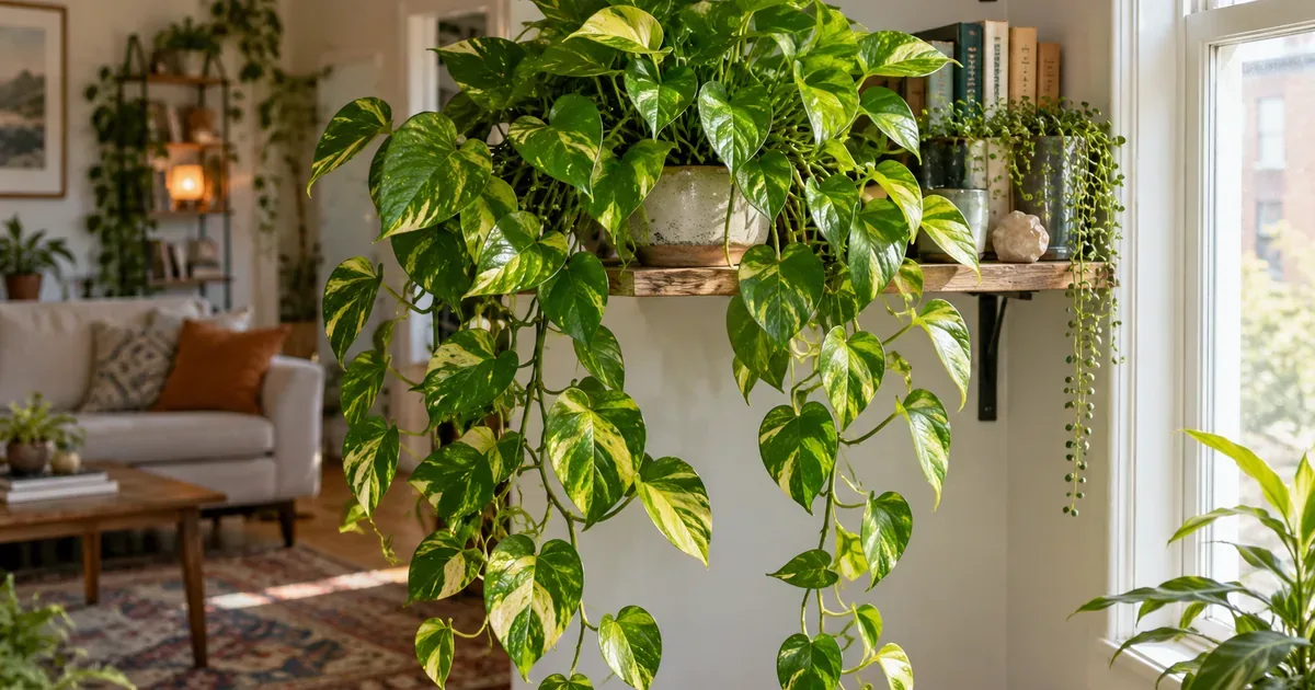 Golden pothos with long variegated vines trailing from a shelf near a bright window