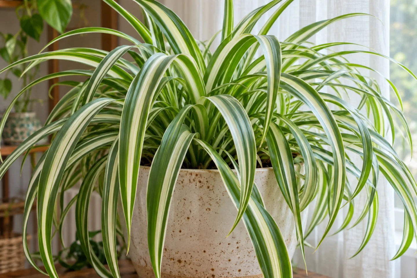 Green and white spider plant leaves in a speckled pot beside a sheer curtain