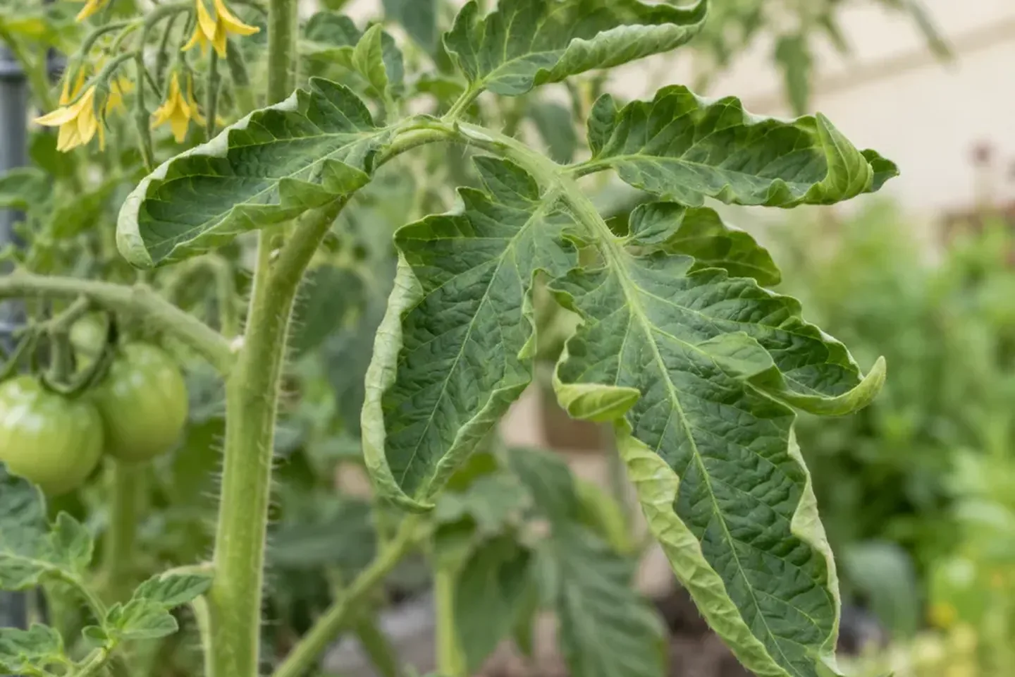Green mature tomato leaflets with edges rolled upward outdoors