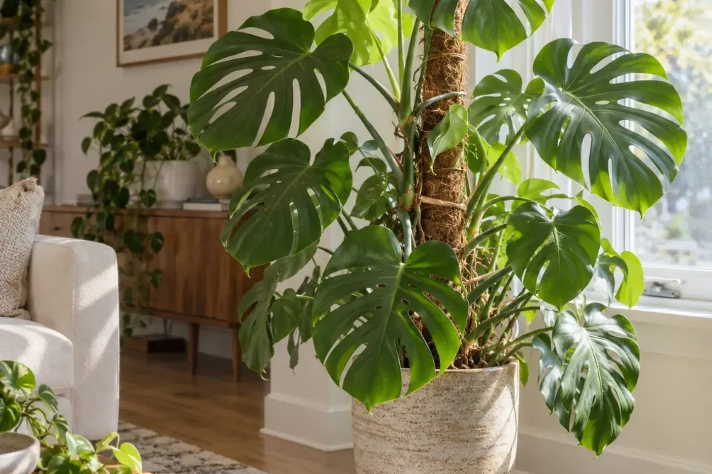 Green monstera supported on a climbing pole beside a window