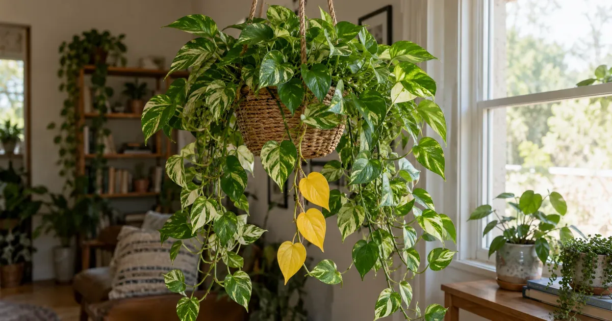 Hanging golden pothos by a bright window with one vine carrying several yellow leaves among green variegated foliage