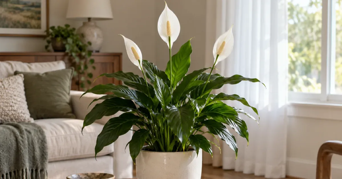 Healthy peace lily with glossy dark leaves and white flowers in a cream pot on a wooden side table near a curtained window