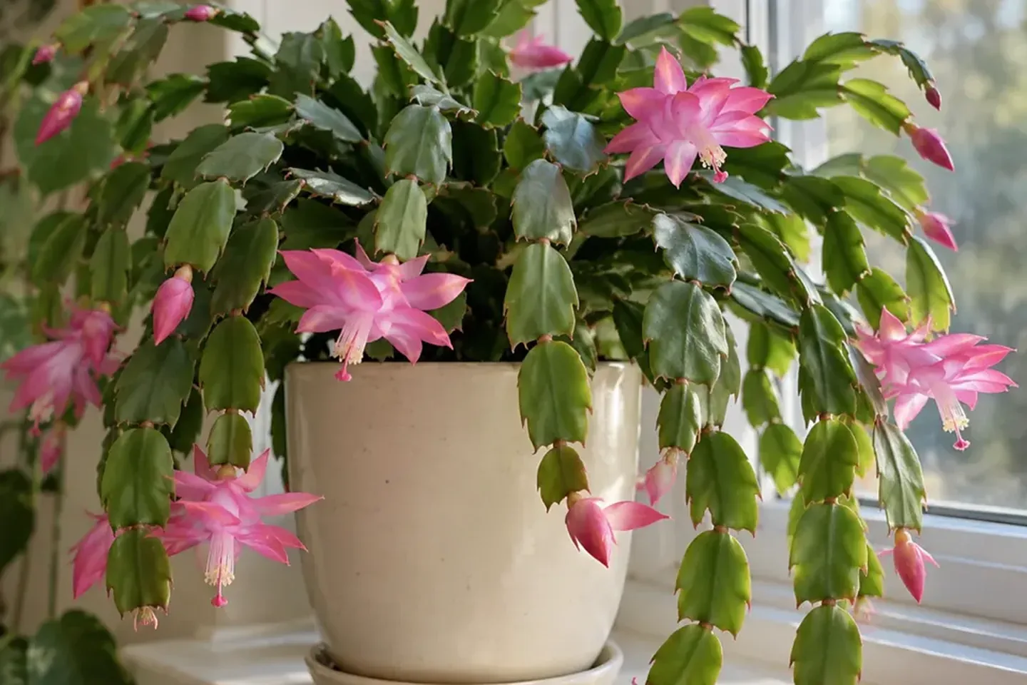 Holiday cactus with segmented green stems and pink flowers trailing over a pot on a sunny windowsill