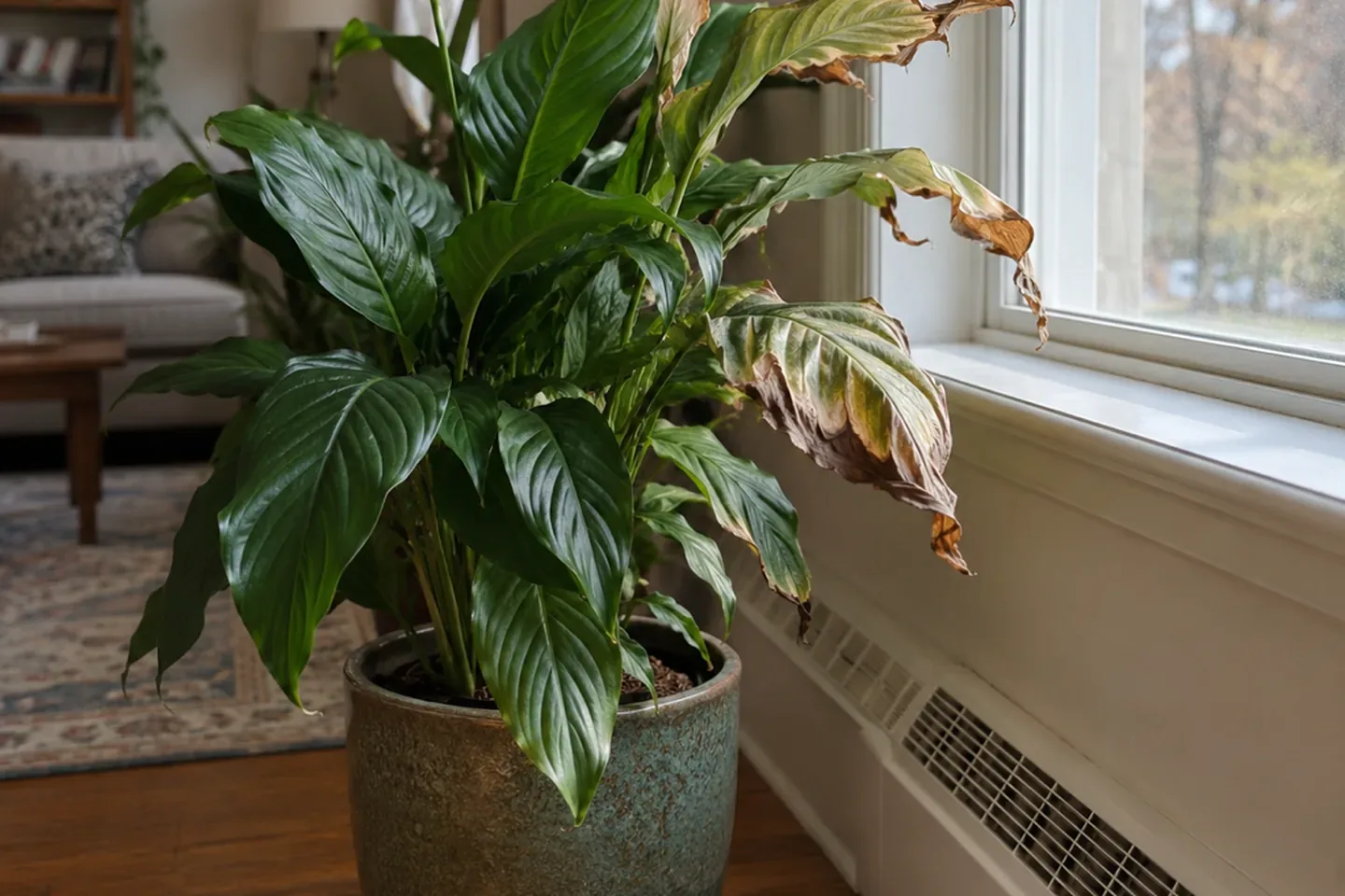 Houseplant by a bright window with curled brown edged leaves on the window side and flat green leaves facing the room
