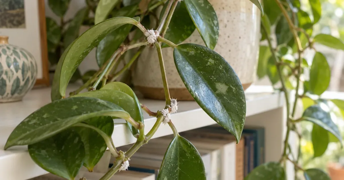 Hoya vine on a bookshelf with small white cottony mealybug clusters in several leaf joints