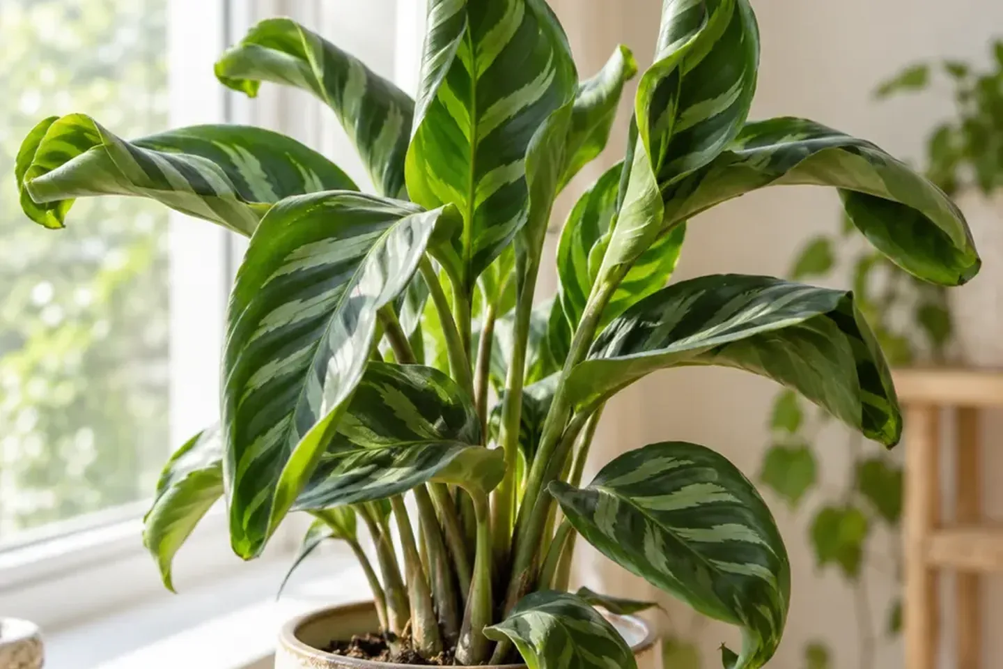 Indoor plant with green leaf edges curling inward near a window