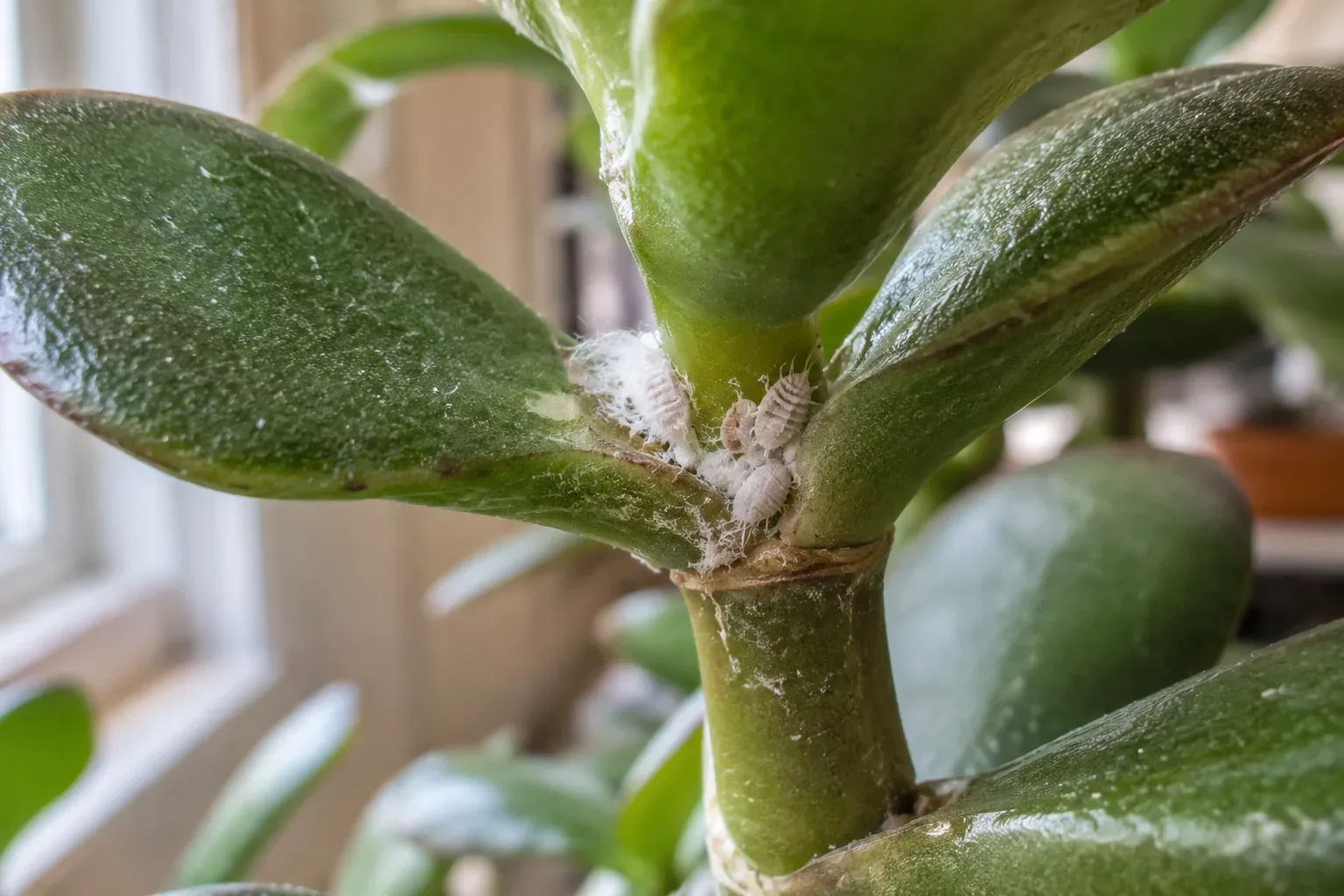 Jade plant leaf joint with several oval mealybugs, a tuft of white cottony wax and waxy strands trailing down the stem