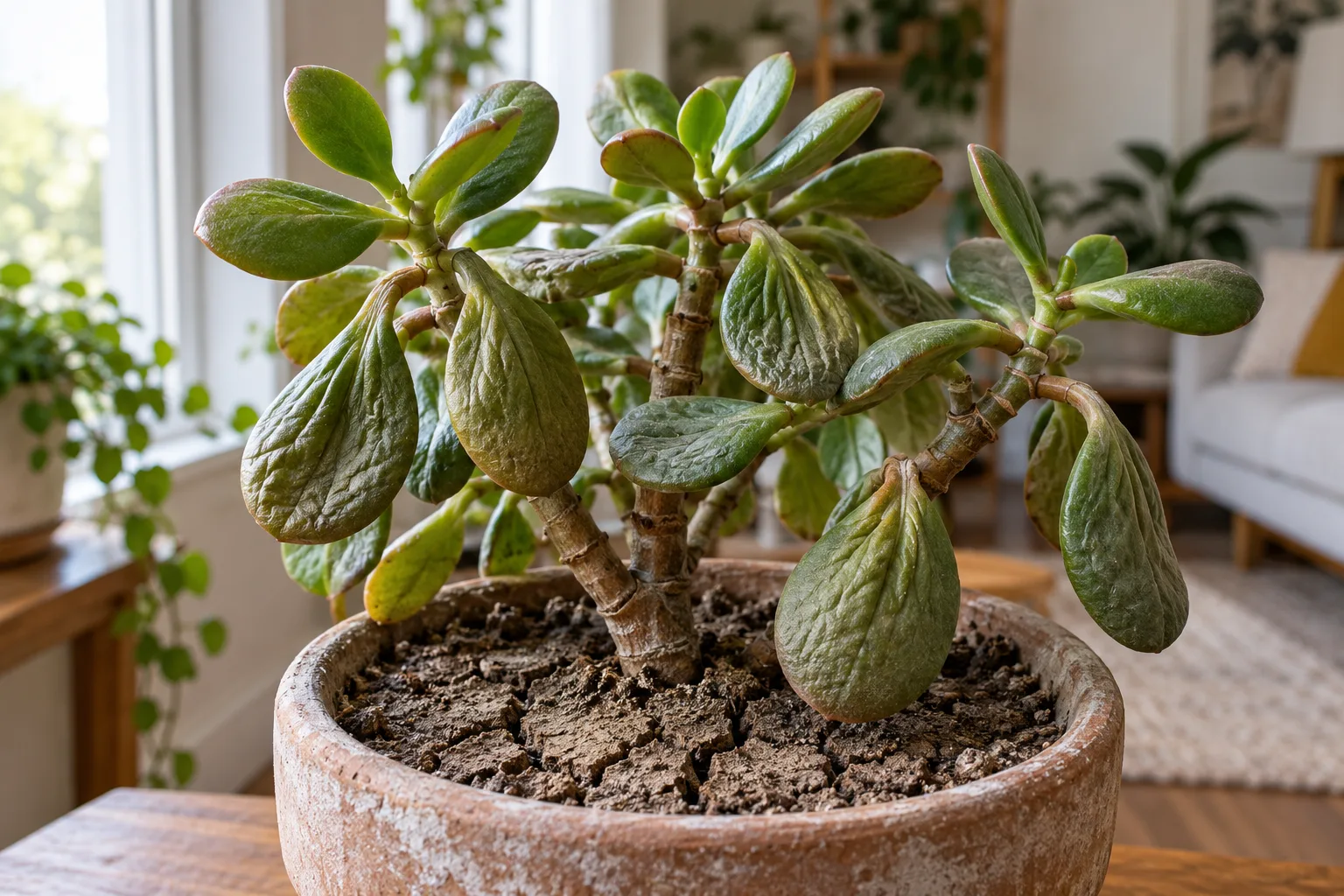 Jade plant with wrinkled deflated leaves in a pot of dry cracked soil