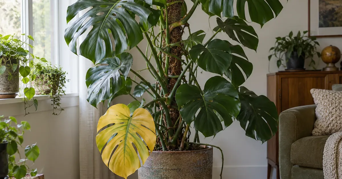 Large monstera on a moss pole near a window with one yellow lower leaf below deep green upper leaves